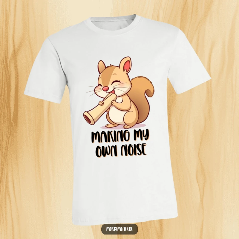 Funny squirrel t-shirt, eyes closed, passionately playing a comically large kazoo, a humorous and energetic musical moment.