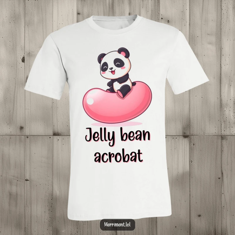 Funny Panda T-Shirt: Playful panda bouncing energetically on a huge, unstable jelly bean, full of joy.
