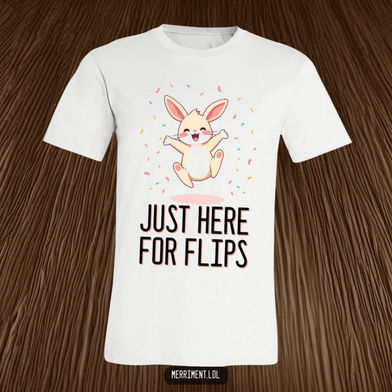 Funny t-shirt featuring a happy bunny performing a cartwheel with confetti flying, radiating energetic fun and playful cheer.