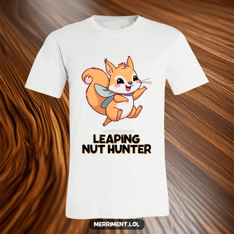 Funny t-shirt of a playful squirrel wearing a sparkly cape, leaping joyfully like a superhero.
