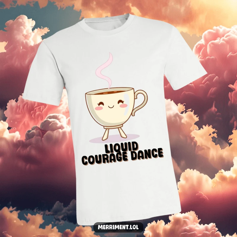 Funny dancing teacup t-shirt with steam forming a playful shape, lively and humorous apparel.