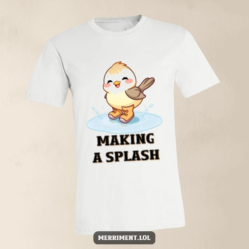 Funny chickadee with a huge grin, sporting large boots and gleefully splashing in a puddle, perfect for a humorous bird lover.