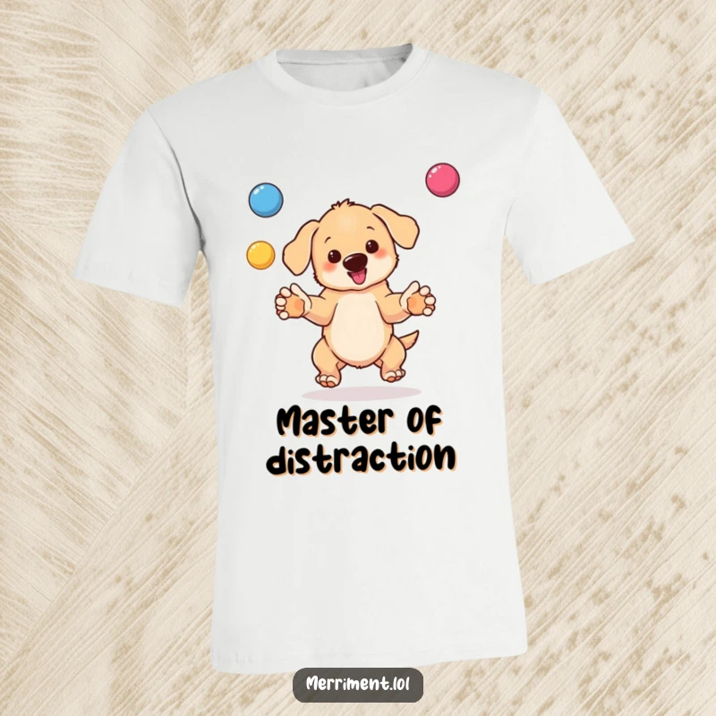 Funny t-shirt graphic of a bouncing puppy enthusiastically juggling brightly colored balls with its paws and nose.