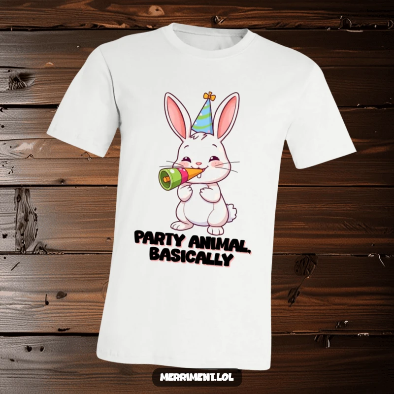 Funny t-shirt featuring a cheerful bunny in a party hat blowing a giant noisemaker, showcasing pure joy and celebration.