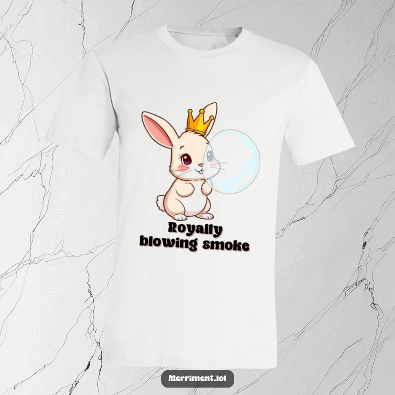 Funny Rabbit T-Shirt: Curious crowned rabbit blowing a massive bubble, expressing playful mischief and quirky charm.