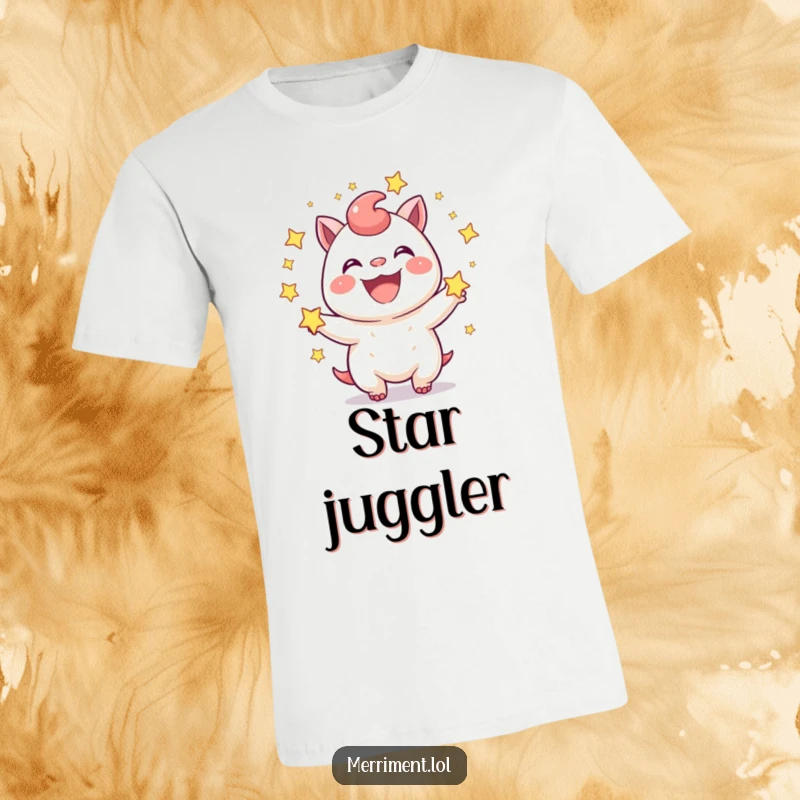 Funny T-Shirt: A joyful creature with a wide grin juggles bright, sparkling stars. A cheerful and funny gift.