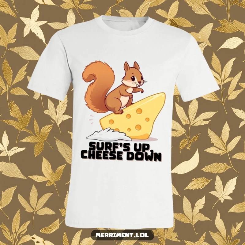 Funny determined squirrel braving a giant cheese slice as a surfboard, showcasing a wild and humorous attempt at surfing.