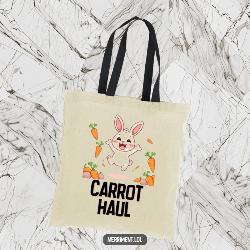 Funny tote bag illustrating a delighted rabbit character bouncing with pure excitement, surrounded by a delightful cascade of floating carrots.