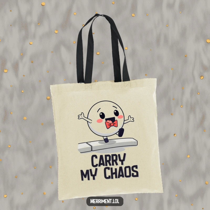 Funny tote bag depicting a ball in a bowtie dramatically losing its balance and falling off a curb, a humorous carry-all.