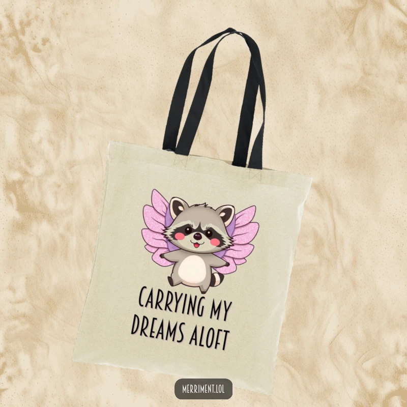 Funny tote bag showcasing a blushing raccoon with huge, glittery paper wings attempting to fly.