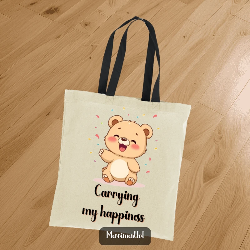 Funny tote bag with a giggling bear cub tossing confetti, perfect for carrying essentials with a happy vibe.