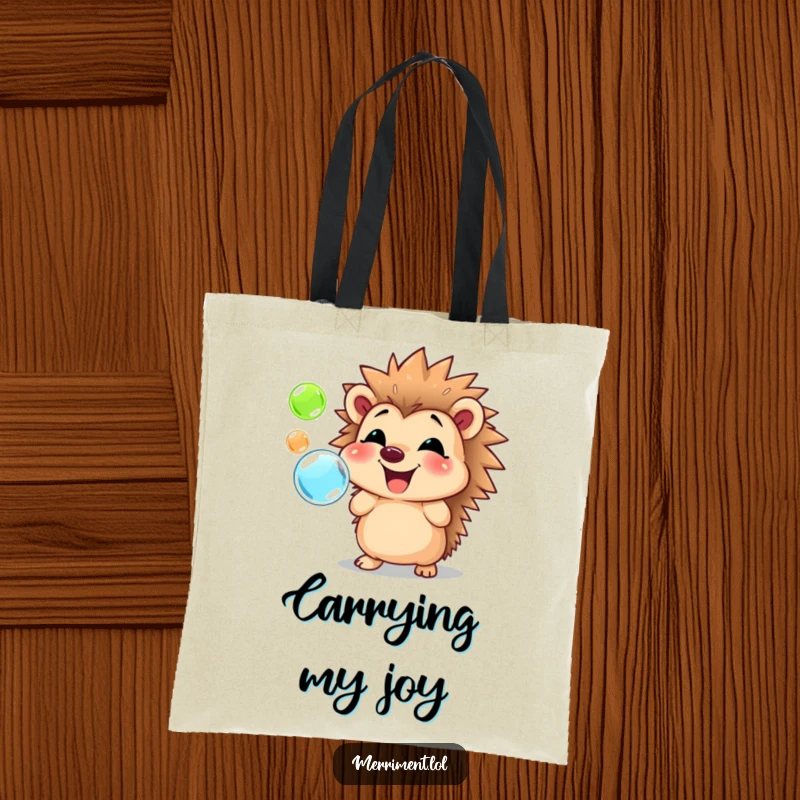 Funny hedgehog tote bag, featuring a smiling character blowing a cascade of colorful, shimmering bubbles, a cheerful accessory.