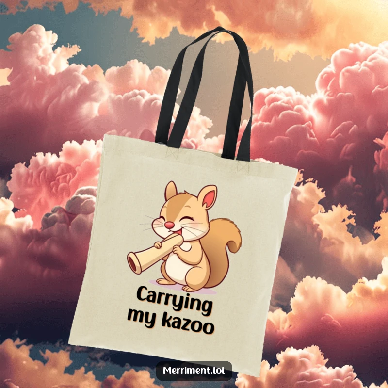 Funny squirrel tote bag, eyes closed in musical ecstasy, playing a massive kazoo, a delightful and comical accessory.