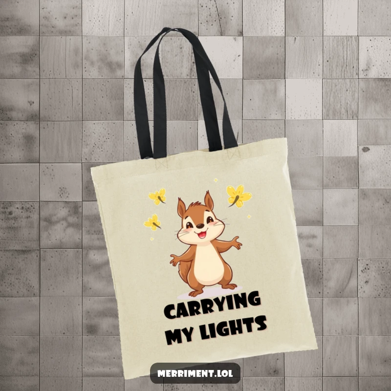 Funny tote bag featuring a determined squirrel juggling three sparkling fireflies, a humorous and bright accessory.