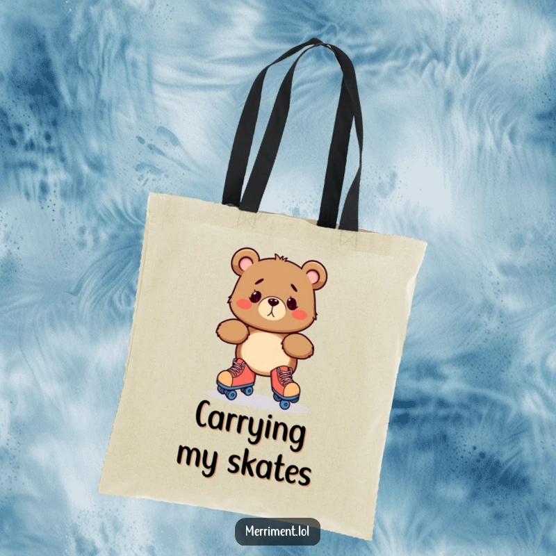 Funny tote bag depicting a bewildered bear character hilariously wobbling while trying to put on roller skates, perfect for carrying laughs.