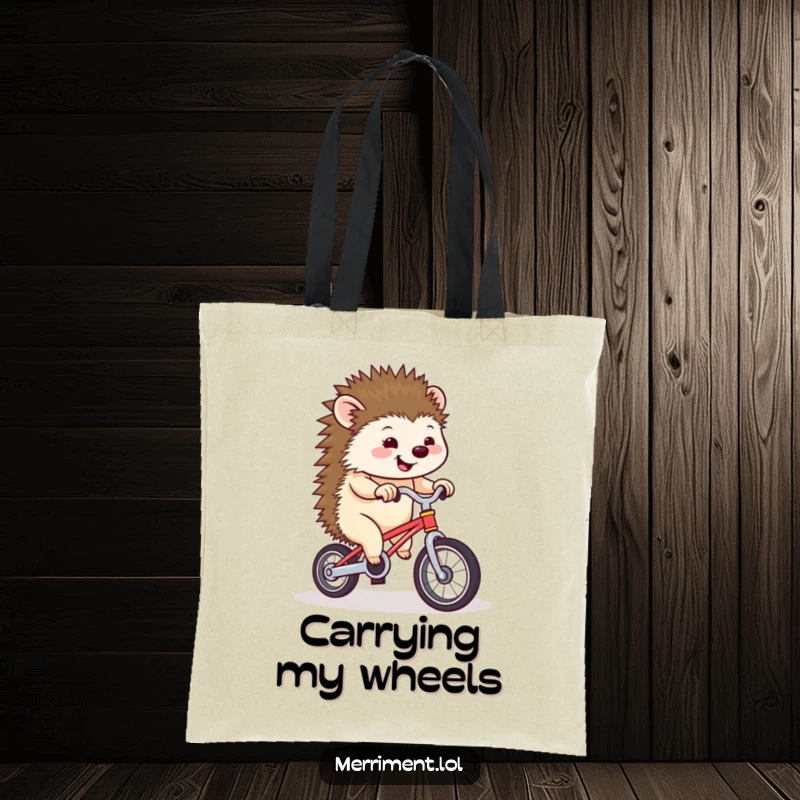 Funny hedgehog wobbling on a tiny unicycle, making this tote bag a humorous and practical accessory for daily use.
