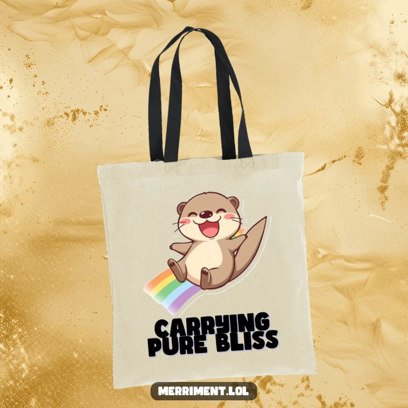 Funny tote bag with a joyful otter sliding down a rainbow, ideal for carrying essentials with colorful happiness and style.