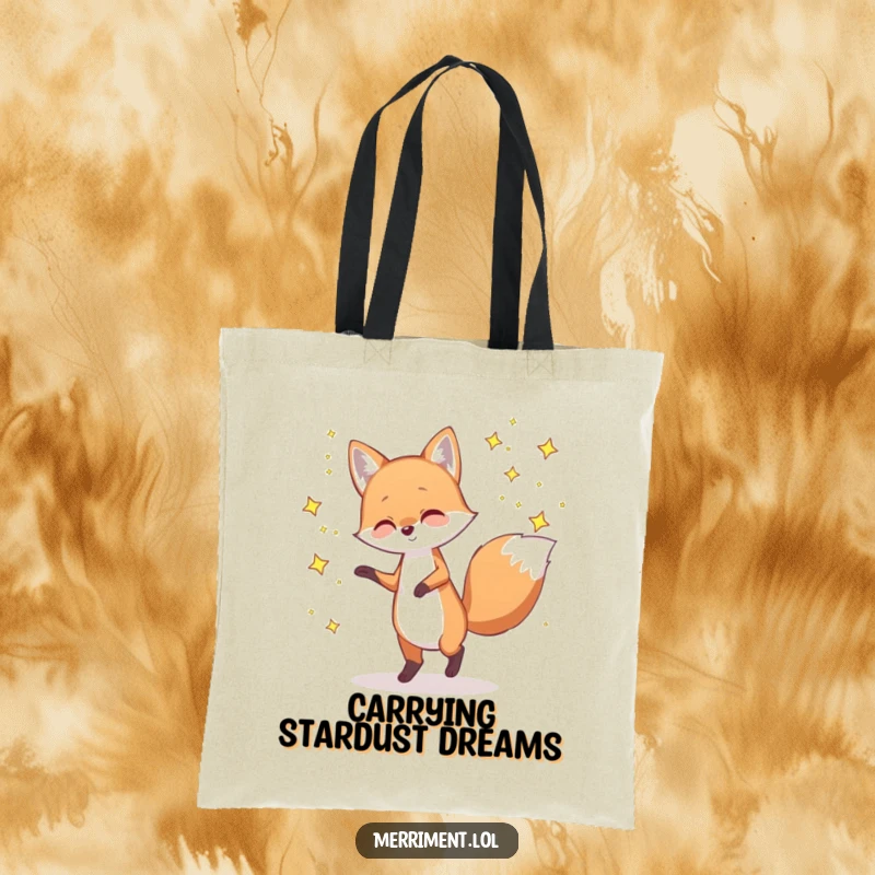 Funny tote bag with a playful fox dancing with tiny, twinkling stars, ideal for carrying magical essentials with style.