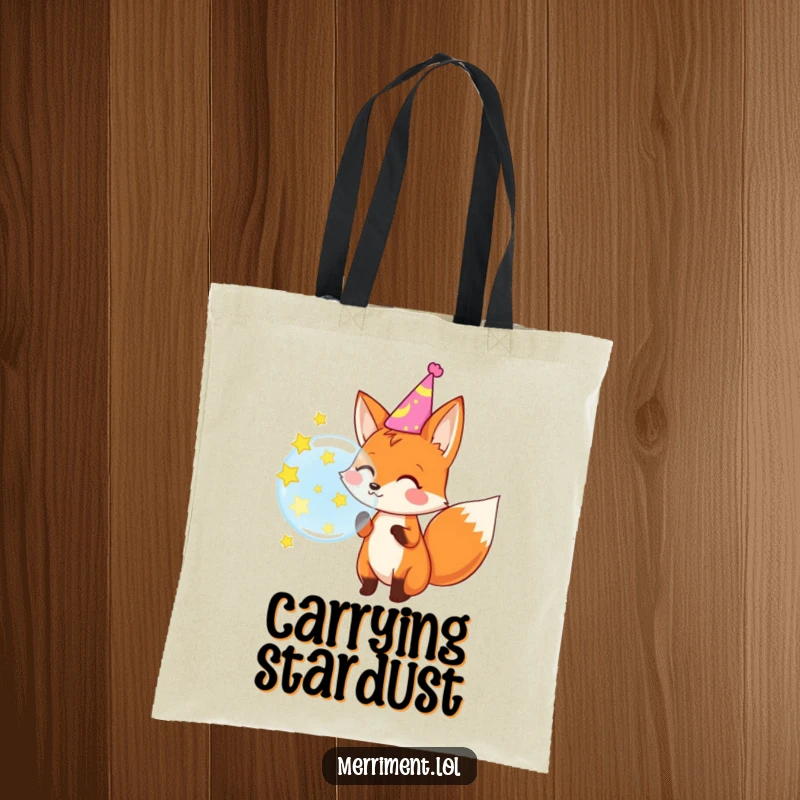 Funny tote bag featuring a cheerful fox in a party hat blowing a giant bubble that magically turns into stars.