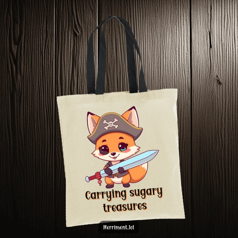 Funny tote bag with a curious fox in a pirate hat, holding a giant lollipop sword, perfect for carrying loot.