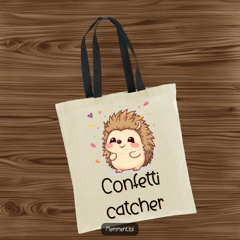 Funny hedgehog tote bag with a cute creature trying to catch colorful confetti with its nose, a functional and amusing accessory.