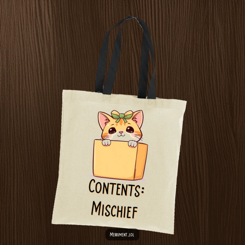 Funny curious cat tote bag, a playful kitten peeking from behind a huge gift box, ideal for shopping or daily errands.
