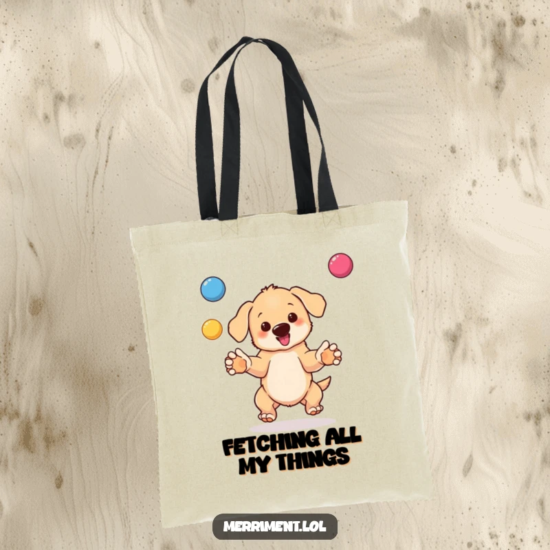 Funny tote bag illustration of a bouncing puppy juggling bright balls, capturing a moment of pure, playful energy.