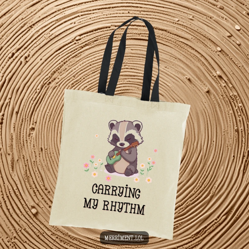 Funny badger tote bag showcasing a determined animal tapping to make flowers instantly bloom, a stylish and magical carry-all.