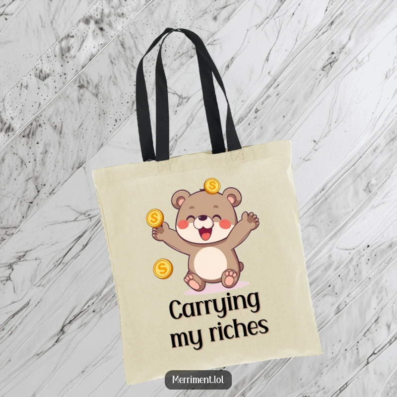 Funny tote bag illustrating a delighted bear cub enthusiastically juggling three shiny golden coins, a charming symbol of good fortune.
