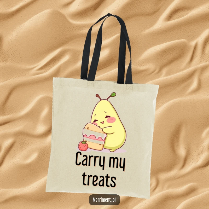 Funny tote bag design of a blushing pear character caught sneaking cake, carrying your treats with humorous temptation.