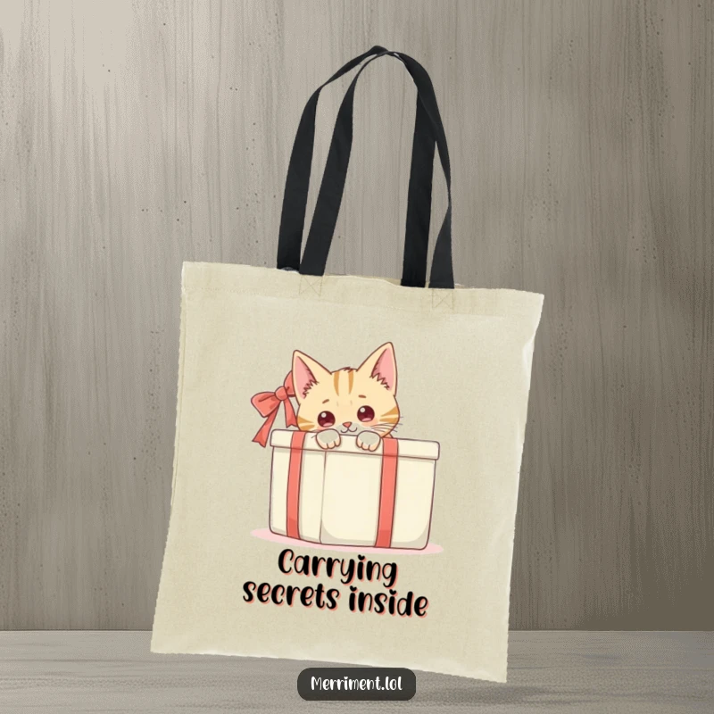 Funny, curious cat peeking around a large gift box, a humorous and practical design for a versatile tote bag.