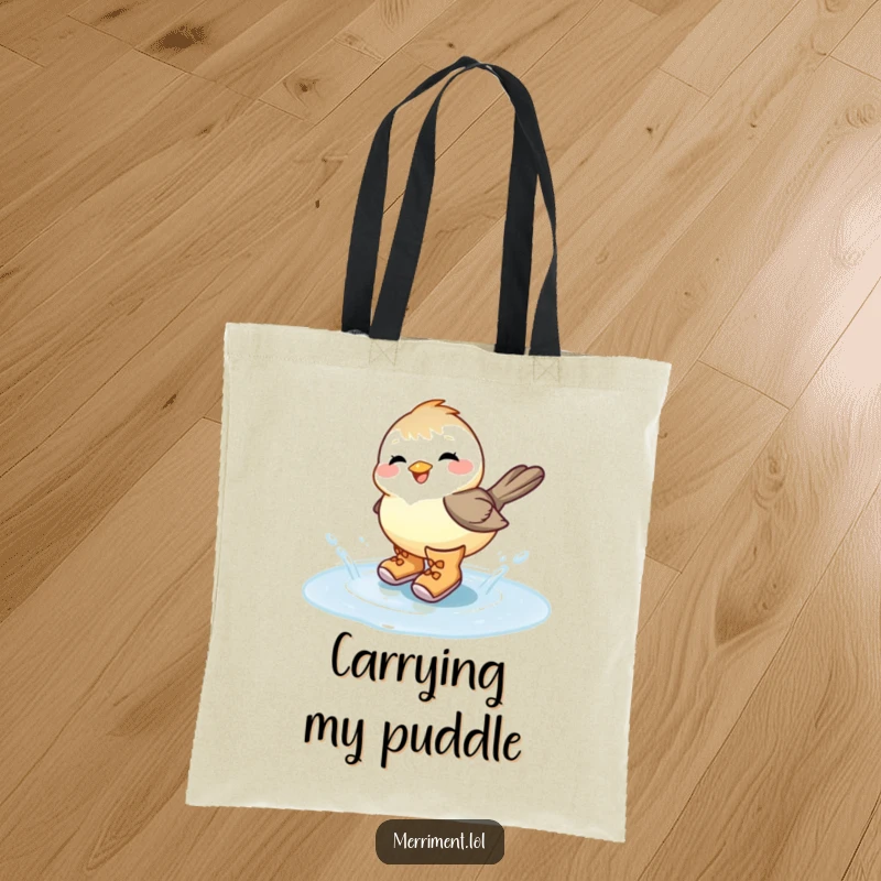 Funny chickadee joyfully splashing in a puddle wearing large boots, making this tote bag a humorous and practical accessory.