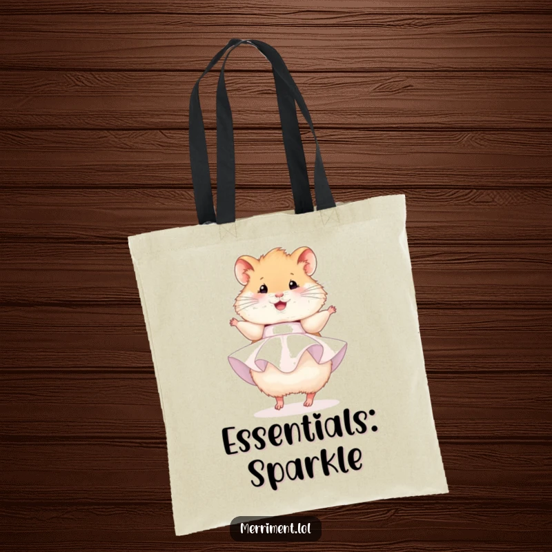 Funny hamster tote bag, a fluffy hamster in a party dress, happily twirling, ideal for shopping or carrying daily items.