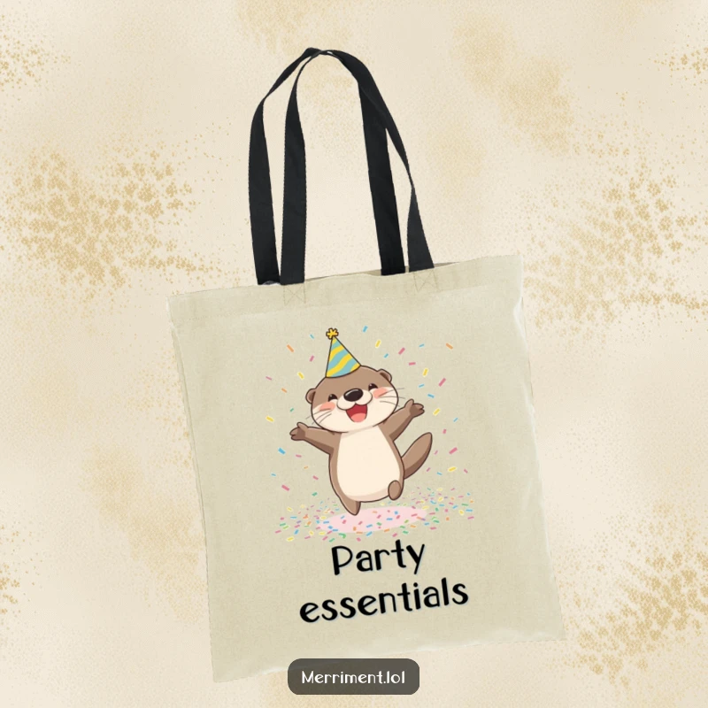 Funny happy otter wearing a party hat jumping in confetti on a tote bag, perfect for carrying party essentials with festive flair.