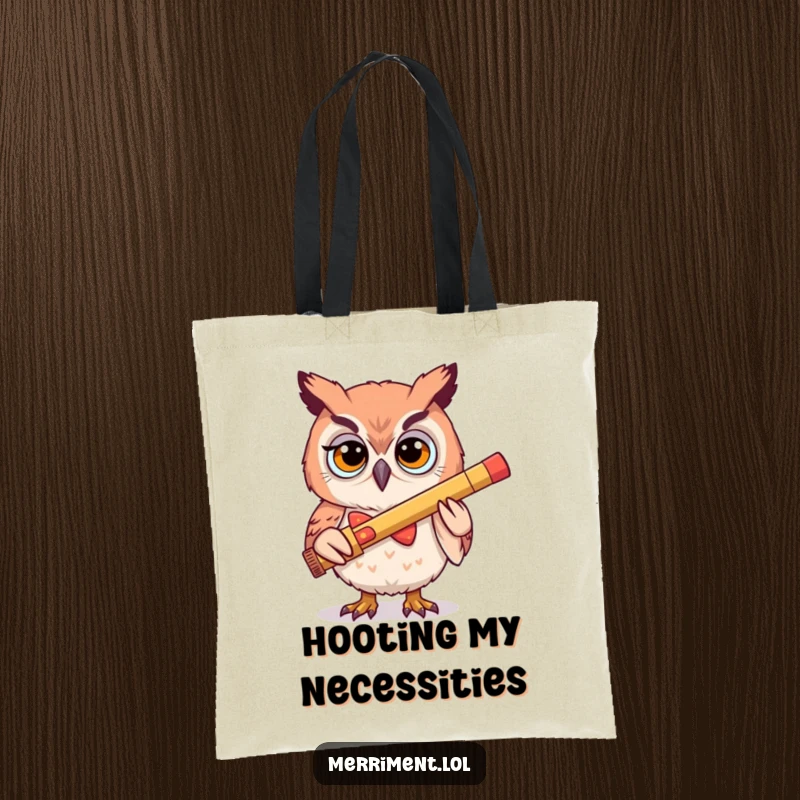 Funny tote bag featuring a determined owl in a silly bowtie enthusiastically playing a giant kazoo, perfect for carrying items with personality.