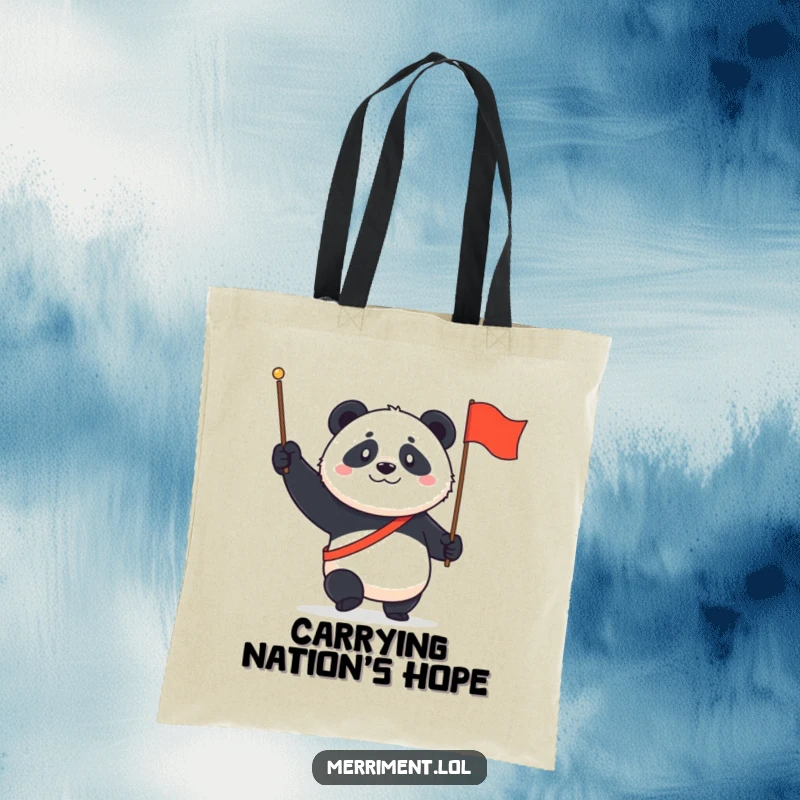 Funny Panda Tote Bag: A determined panda marches with a tiny flag and a proud grin, ready for errands.