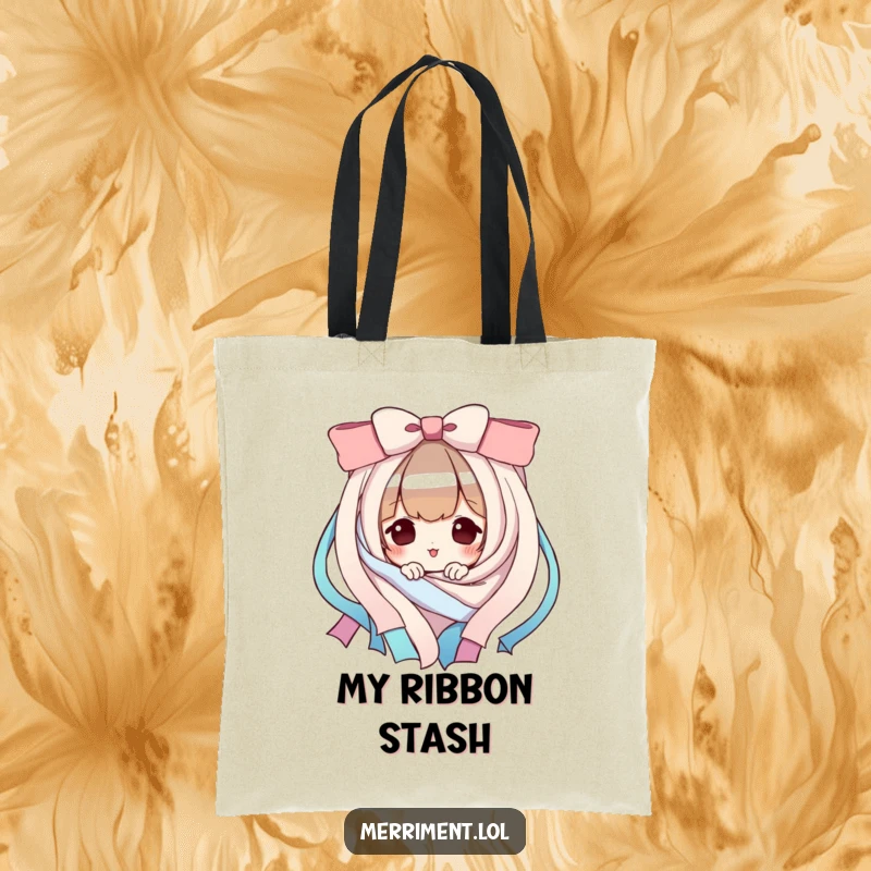 Funny Tote Bag: A playful character peeks from behind a cascade of ribbons. Practical and a funny gift.