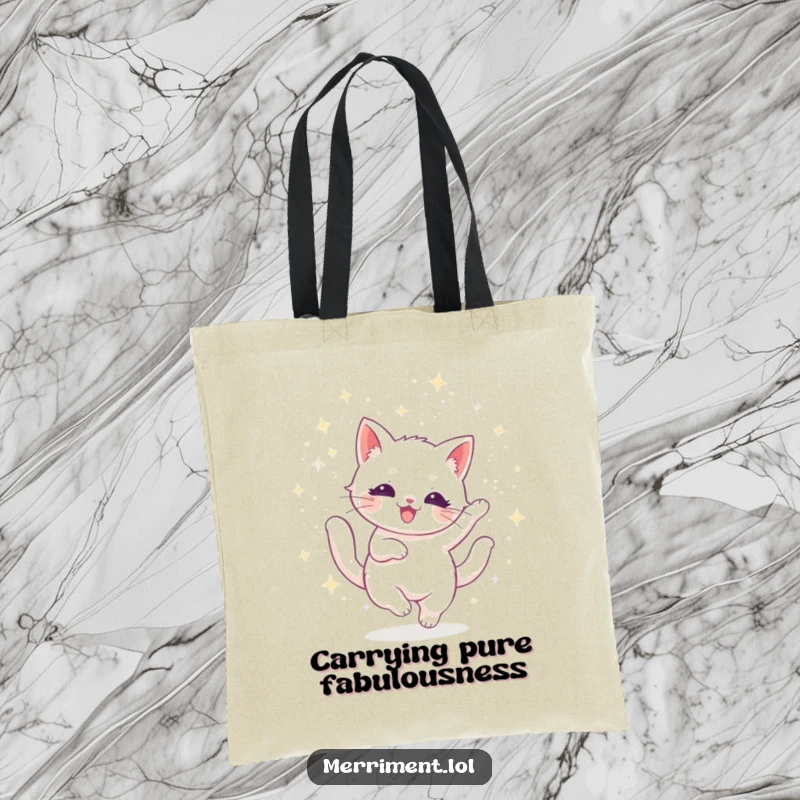 Funny cat tote bag showcasing a radiant feline twirling amidst a shower of glittering particles, a glamorous and humorous accessory.