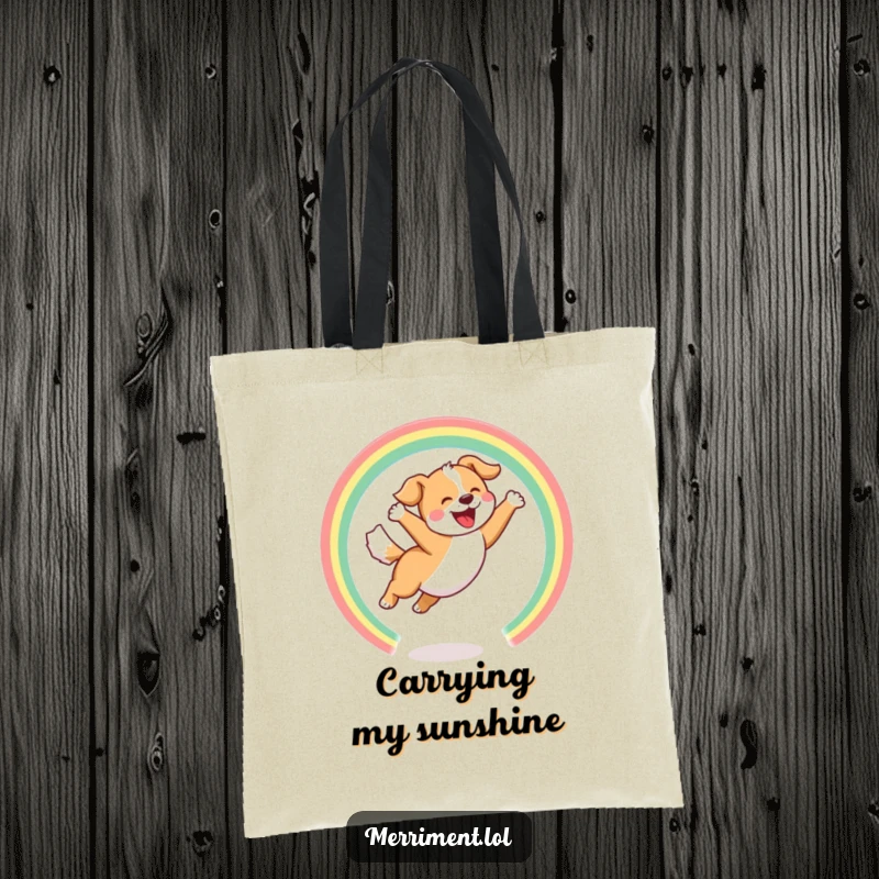 Funny Tote Bag featuring a joyful dog leaping through a hoop of rainbows with a happy bark, practical and cheerful.